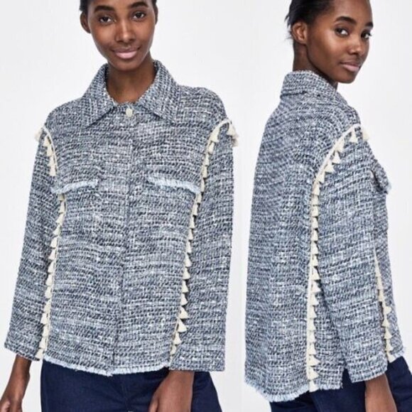 ZARA Oversize Tweed Blue and White Fringe Tassels Blazer Jacket - Picture 1 of 11